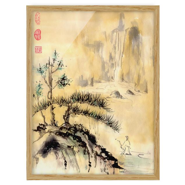 Billeder landskaber Japanese Watercolour Drawing Cedars And Mountains