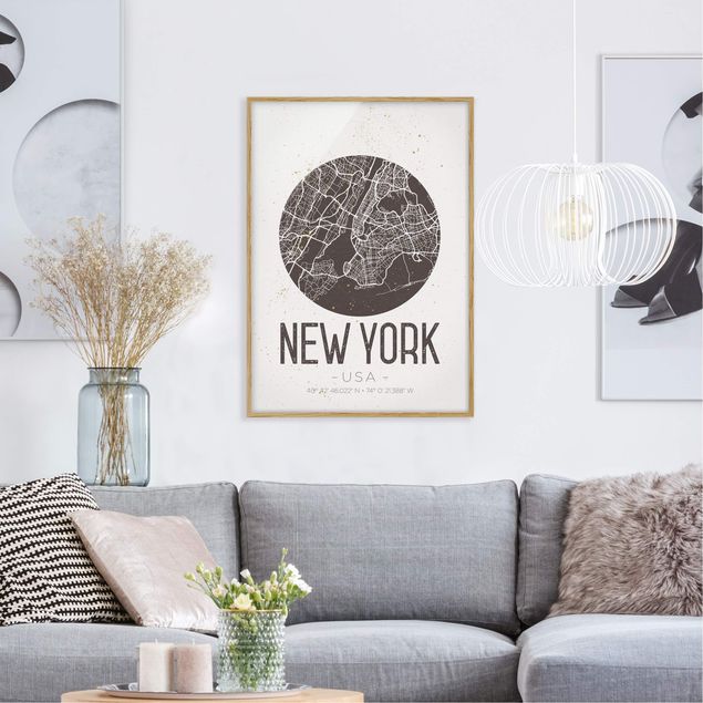 Indrammede plakater sort og hvid New York City Map - Retro