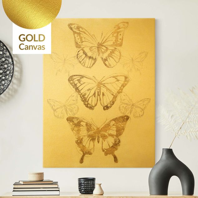 Billeder på lærred dyr Butterfly Composition In Gold II