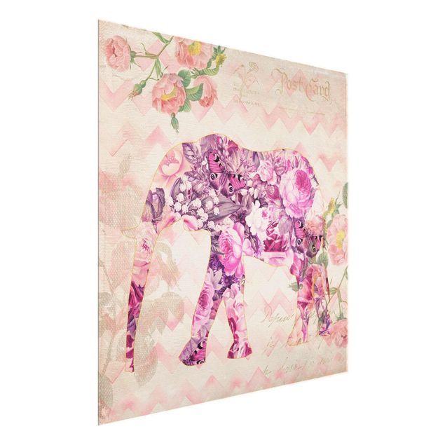 Billeder sommerfugle Vintage Collage - Pink Flowers Elephant