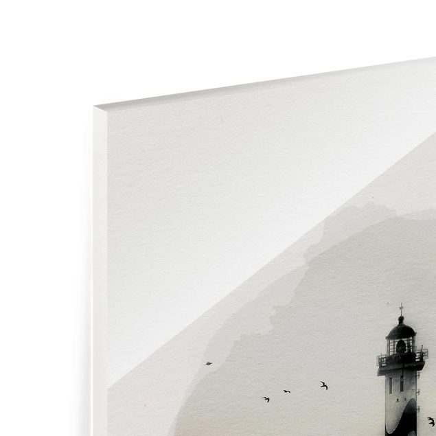 Glasbilleder sort og hvid WaterColours - Lighthouse In The Fog