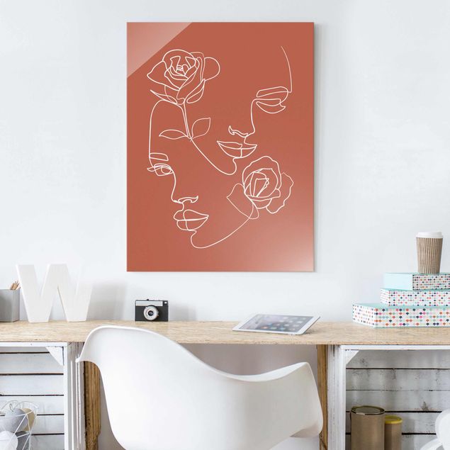 Glasbilleder roser Line Art Faces Women Roses Copper