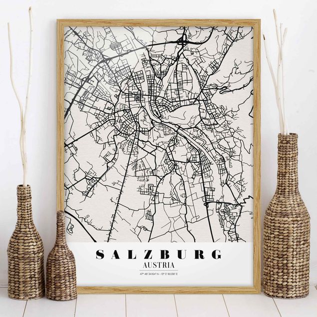 Indrammede plakater sort og hvid Salzburg City Map - Classic