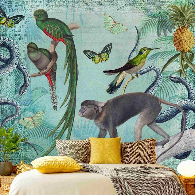 Tapet blomster Colonial Style Collage - Monkeys And Birds Of Paradise