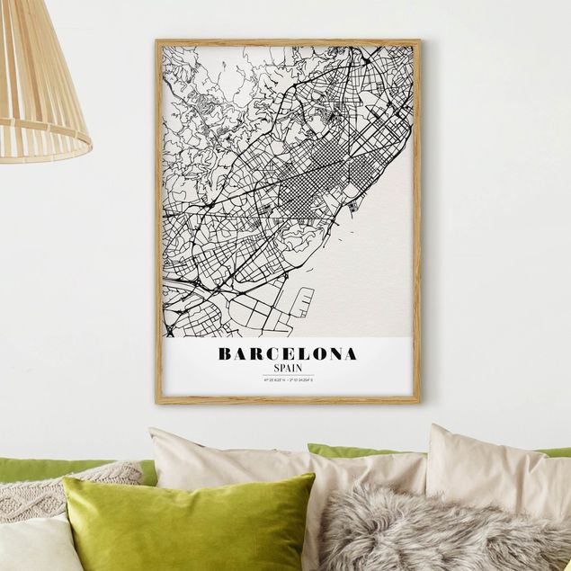 Indrammede plakater sort og hvid Barcelona City Map - Classic
