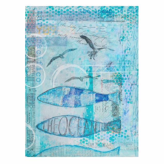 Billeder på lærred kunsttryk Colourful Collage - Blue Fish