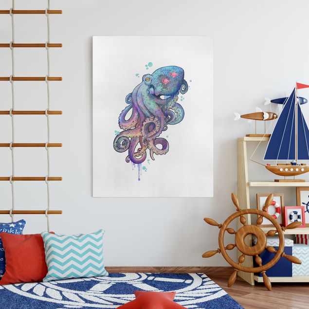 Billeder på lærred fisk Illustration Octopus Violet Turquoise Painting