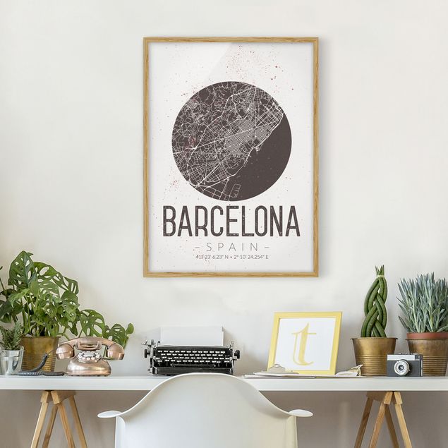 Indrammede plakater sort og hvid Barcelona City Map - Retro