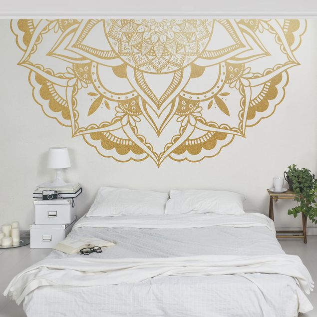 Moderne tapet Mandala Flower Semicircle Gold White