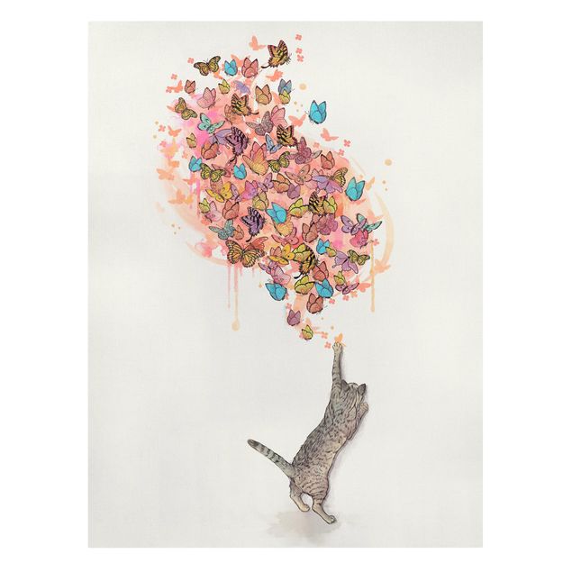 Billeder på lærred sommerfugle Illustration Cat With Colourful Butterflies Painting
