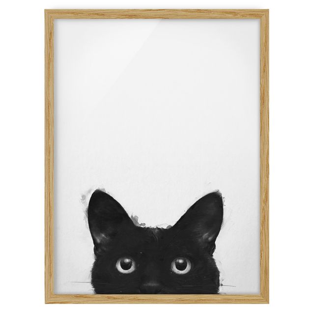 Indrammede plakater dyr Illustration Black Cat On White Painting