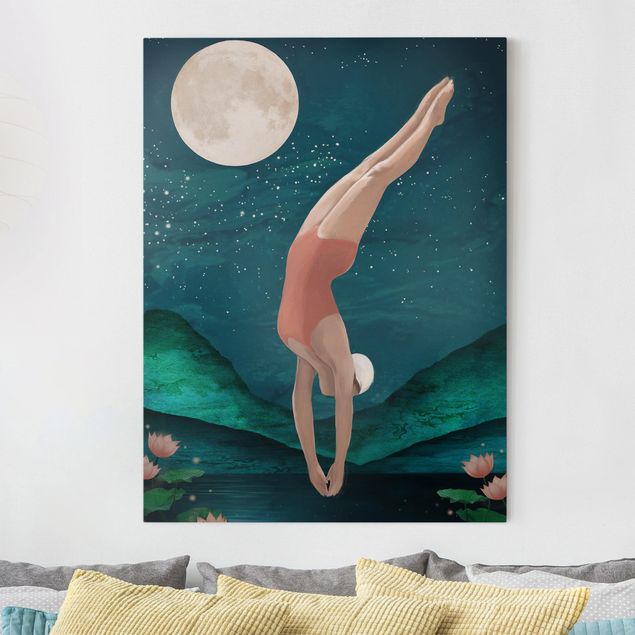 Billeder Illustration Bather Woman Moon Painting