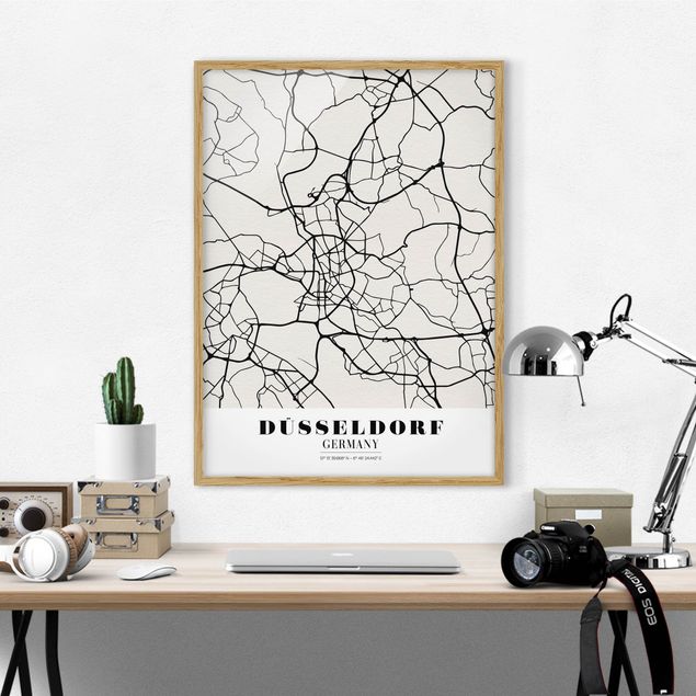 Indrammede plakater sort og hvid Dusseldorf City Map - Classic