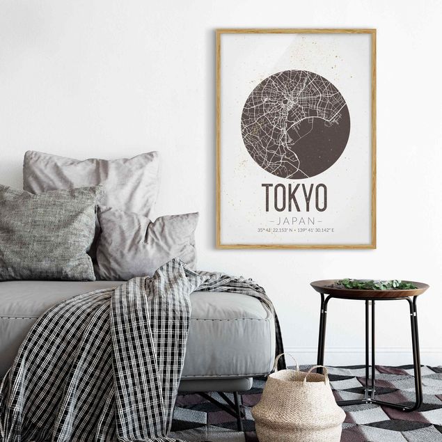 Indrammede plakater sort og hvid Tokyo City Map - Retro
