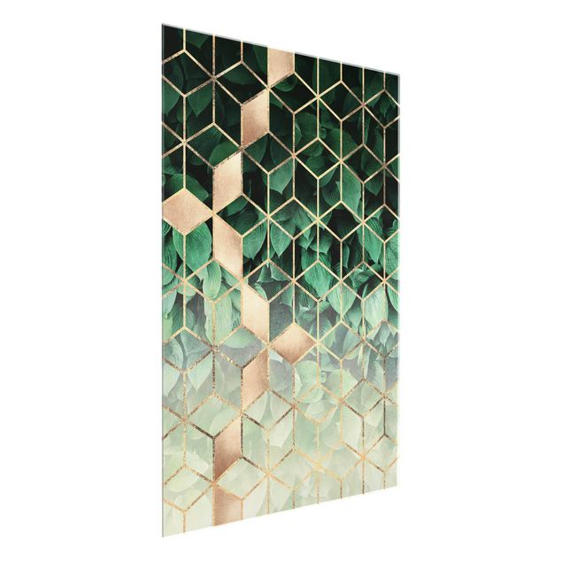 Glasbilleder abstrakt Green Leaves Golden Geometry