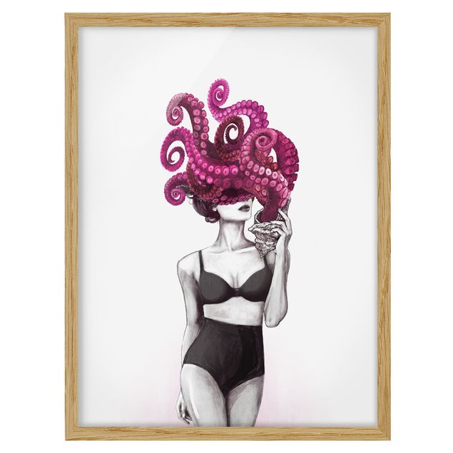 Indrammede plakater sort og hvid Illustration Woman In Underwear Black And White Octopus