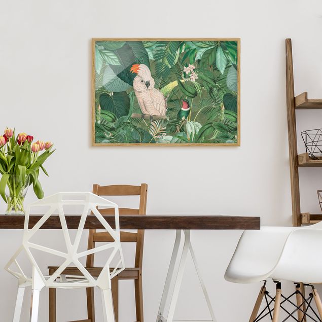 Indrammede plakater blomster Vintage Collage - Kakadu And Hummingbird