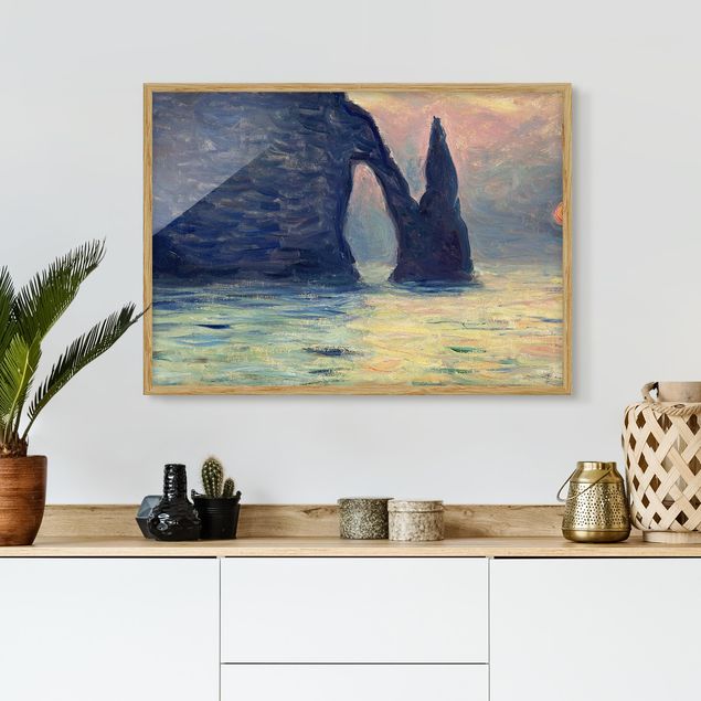 Indrammede plakater strande Claude Monet - The Cliff, Étretat, Sunset