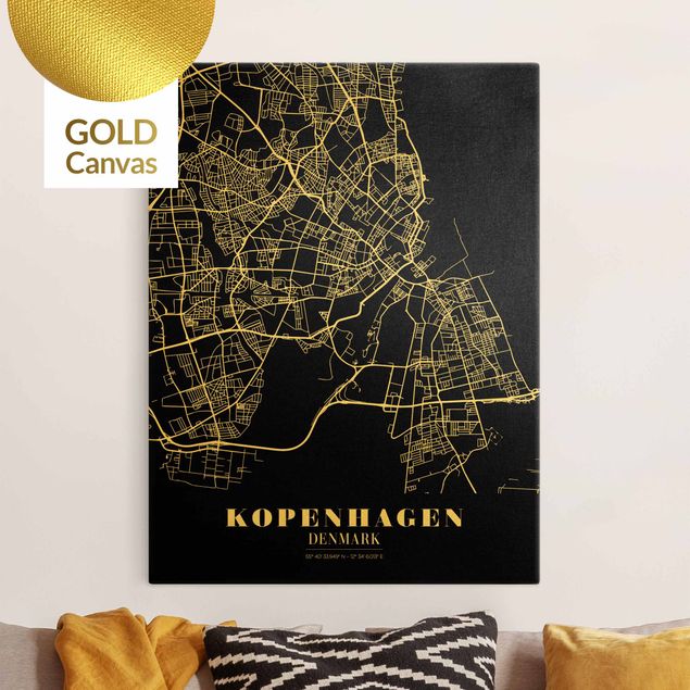 Billeder på lærred sort og hvid Copenhagen City Map - Classic Black