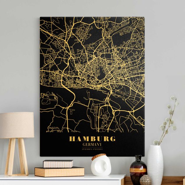 Billeder på lærred sort og hvid Hamburg City Map - Classic Black