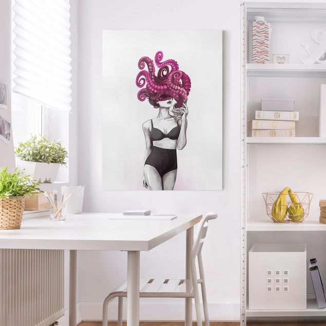 Billeder på lærred fisk Illustration Woman In Underwear Black And White Octopus