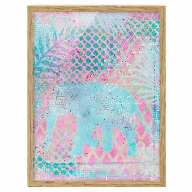 Indrammede plakater blomster Colourful Collage - Elephant In Blue And Pink