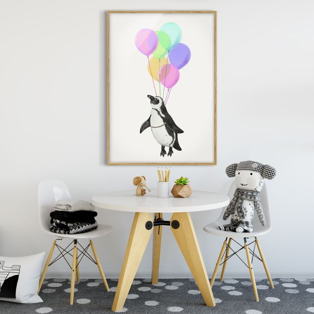 Indrammede plakater dyr Illustration Penguin Pastel Balloons