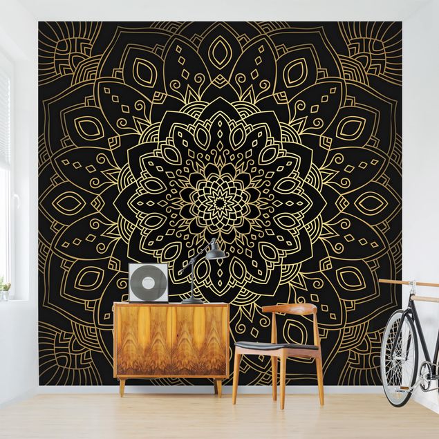 Moderne tapet Mandala Flower Pattern Gold Black