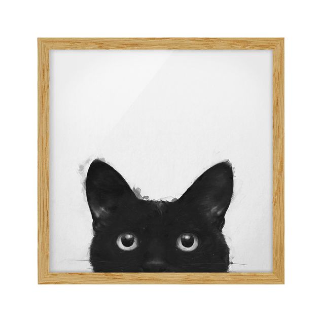 Indrammede plakater dyr Illustration Black Cat On White Painting