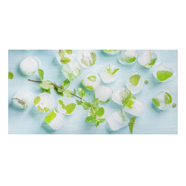 Billeder på lærred krydderier og urter Ice Cubes With Mint Leaves