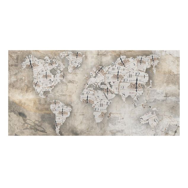 Billeder på lærred verdenskort Shabby Clocks World Map