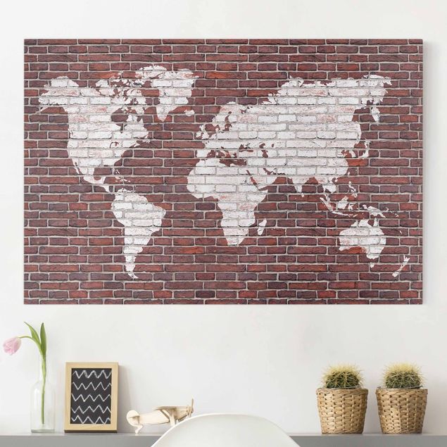Billeder på lærred stenlook Brick World Map