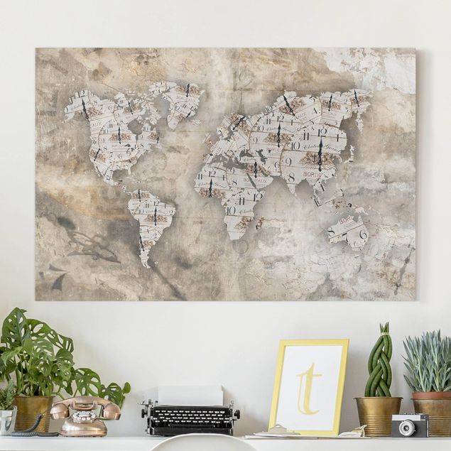 Billeder på lærred stenlook Shabby Clocks World Map