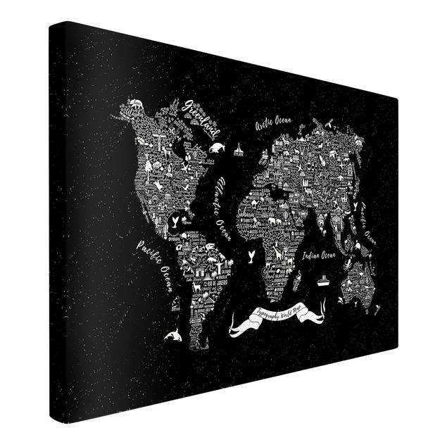 Billeder på lærred verdenskort Typography World Map Black