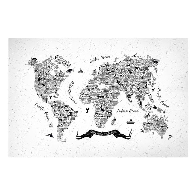 Billeder sort og hvid Typography World Map White