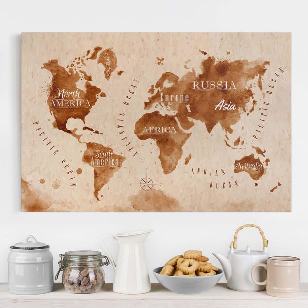 køkken dekorationer World Map Watercolour Beige Brown