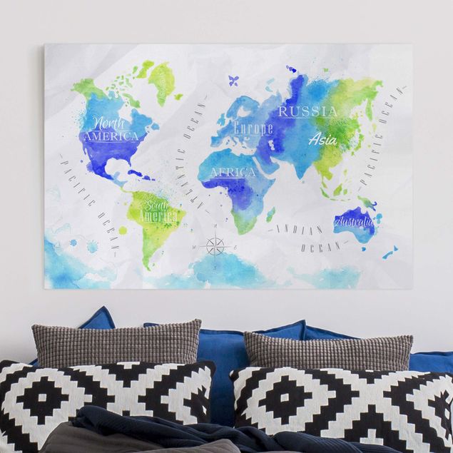køkken dekorationer World Map Watercolour Blue Green