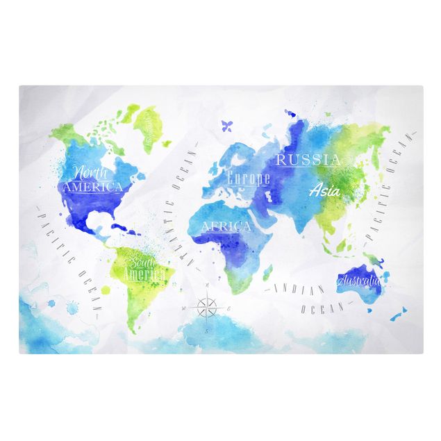 Billeder blå World Map Watercolour Blue Green
