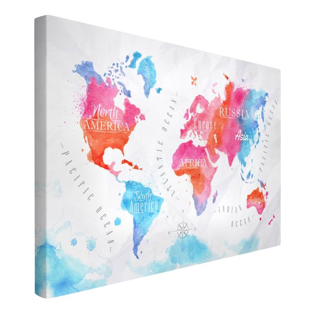 Billeder på lærred verdenskort World Map Watercolour Red Blue