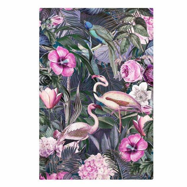 Billeder på lærred blomster Colourful Collage - Pink Flamingos In The Jungle