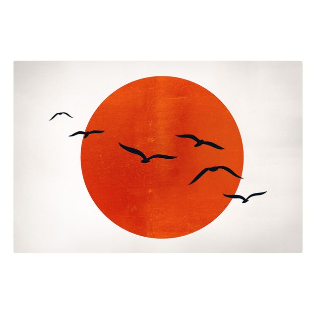 Billeder på lærred kunsttryk Flock Of Birds In Front Of Red Sun I