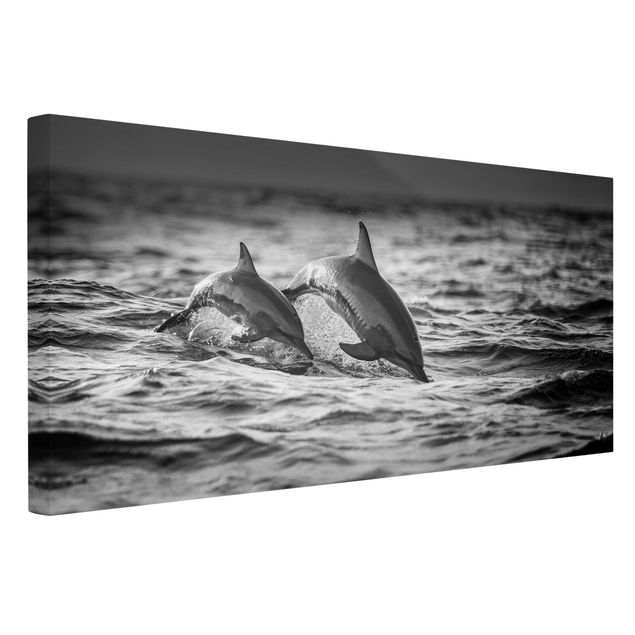 Billeder på lærred sort og hvid Two Jumping Dolphins