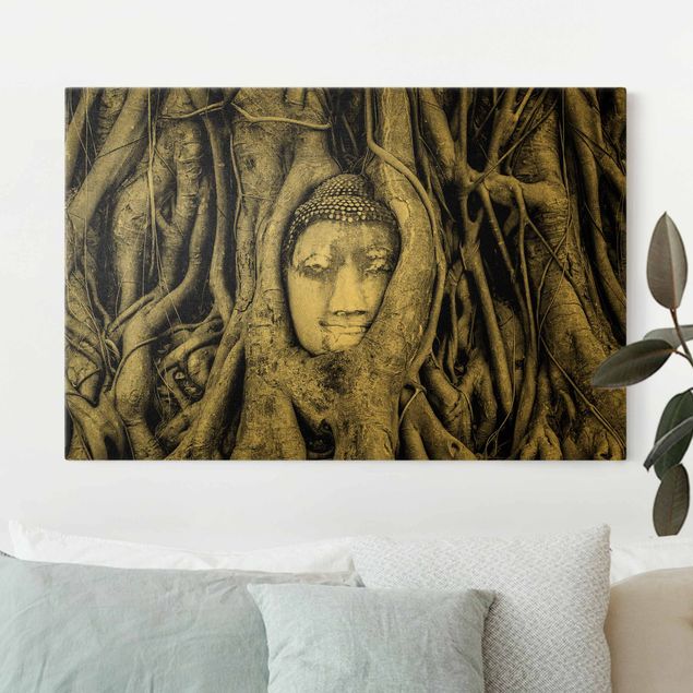 Billeder på lærred sort og hvid Buddha in Ayuttaya Framed By Tree Roots In Black And White