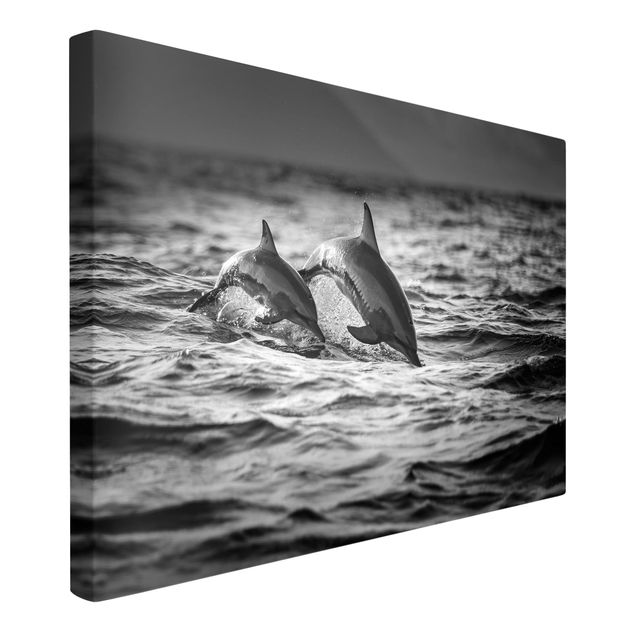 Billeder på lærred sort og hvid Two Jumping Dolphins