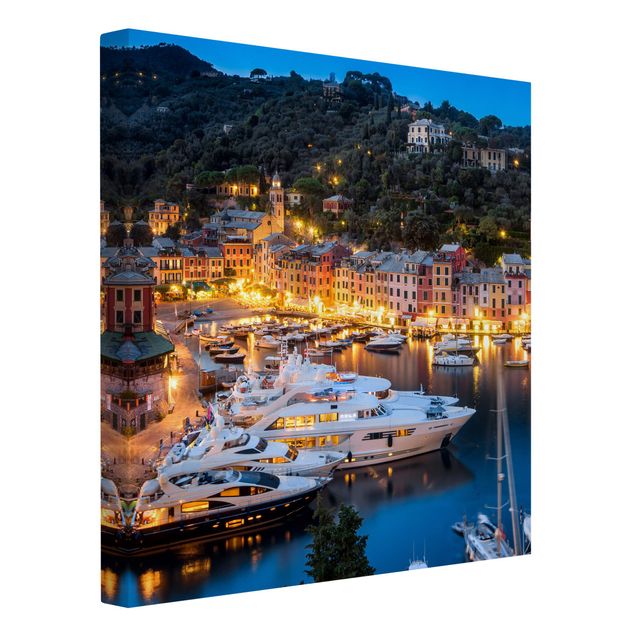 Billeder på lærred arkitektur og skyline Night Time In The Harbour Of Portofino