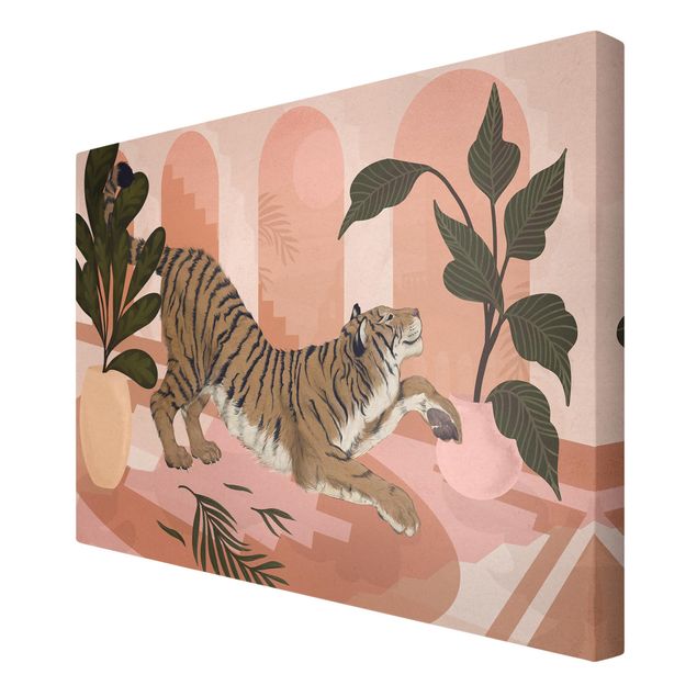 Billeder på lærred dyr Illustration Tiger In Pastel Pink Painting