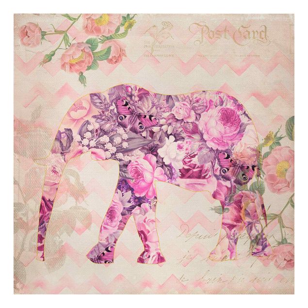 Billeder på lærred sommerfugle Vintage Collage - Pink Flowers Elephant