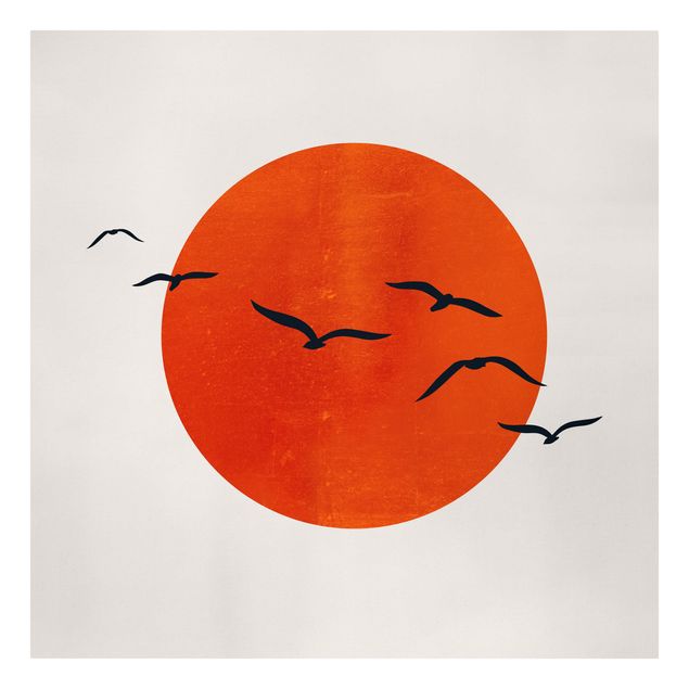 Billeder på lærred kunsttryk Flock Of Birds In Front Of Red Sun I