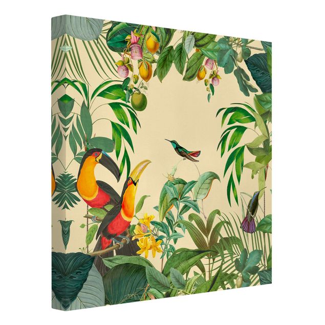 Billeder på lærred blomster Vintage Collage - Birds In The Jungle