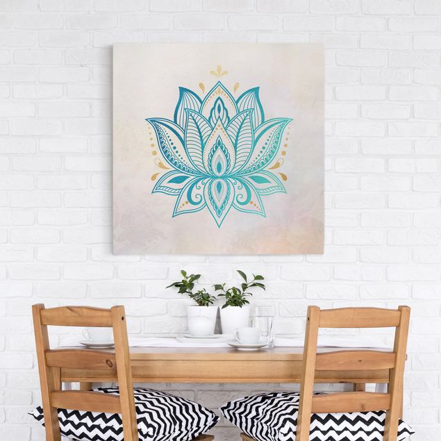 Billeder på lærred mønstre Lotus Illustration Mandala Gold Blue